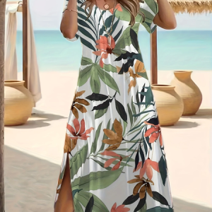 Women Floral Short Sleeve Summer Printing Dress Crew Neck Daily Casual Maxi Fit & Flare Dress A-Line Dress, JustFashionNow Casual Dresses, color:White-green|size:5XL,