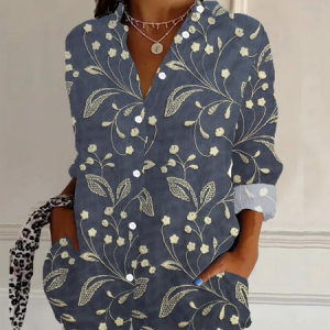 Women Floral Long Sleeve Shirt Spring/Fall Buckle Shirt Collar Daily Casual Top, JustFashionNow Shirts, color:Purplish Blue|size:XXL,