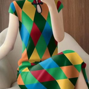 Elegant Plaid Printing Stand Collar Midi Dress, Midi Dresses, color:As Picture|size:XXL, Stylewe