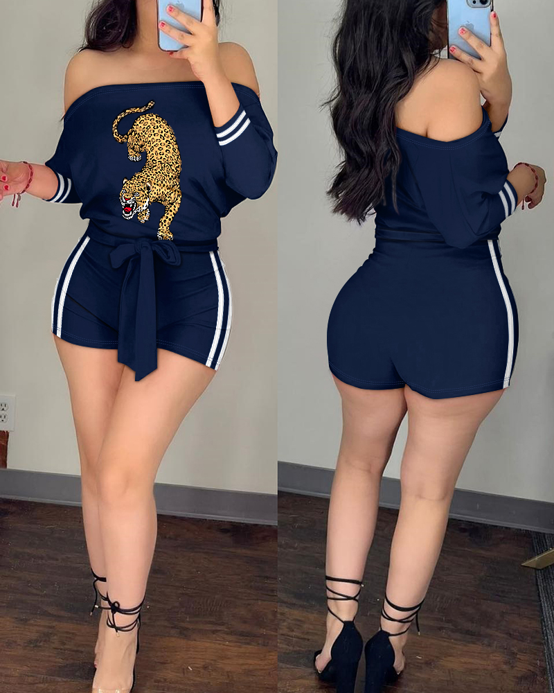 Striped Leopard Print Tied Detail Romper, women Rompers, ChicMe catalog
