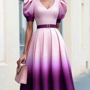 Urban Ombre Printing Midi Dress With Belt, Midi Dresses, color:Purple|size:XXL, Stylewe