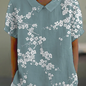 Shawl Collar Short Sleeve Floral Lightweight Loose Shirt For Women, Blouses, color:Light Blue|size:5XL, catalog Noracora shop