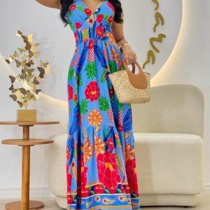 Floral Print Spaghetti Strap Shireed Maxi Dress Casual A Line Waist Flared Dress, women Print Dresses, ChicMe catalog