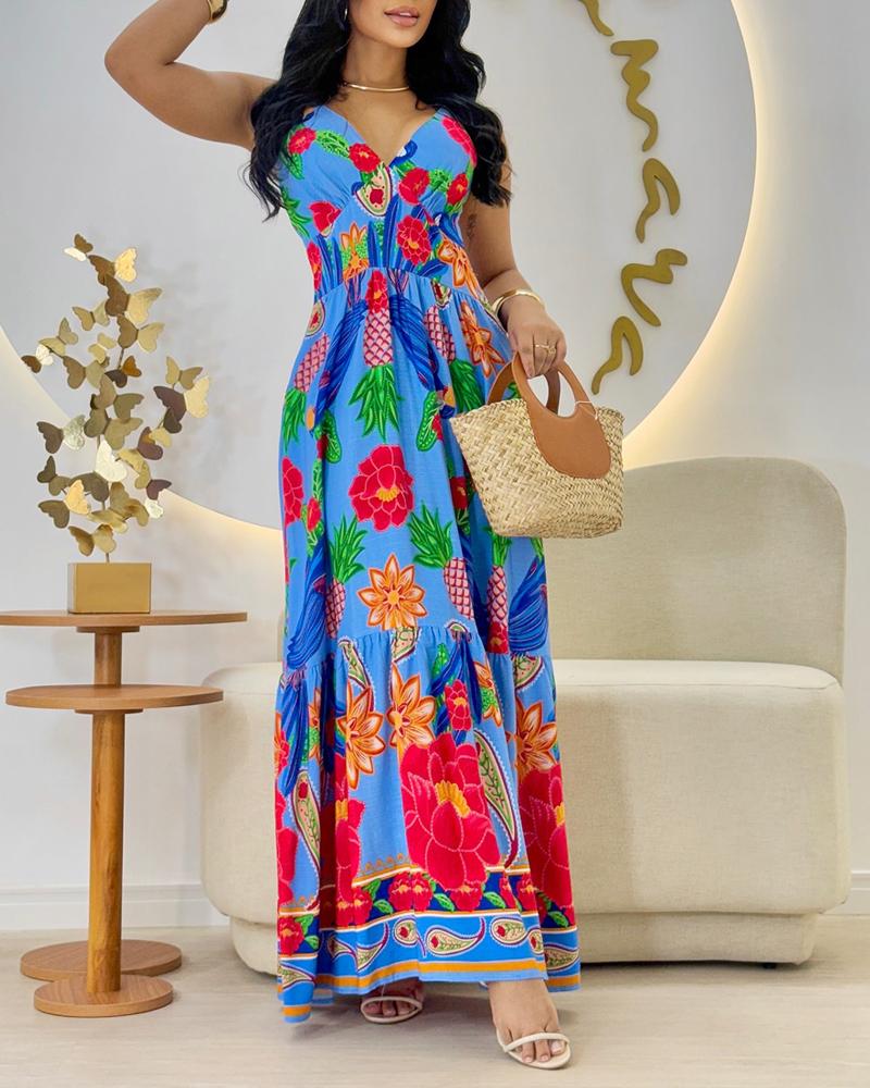 Floral Print Spaghetti Strap Shireed Maxi Dress Casual A Line Waist Flared Dress, women Print Dresses, ChicMe catalog