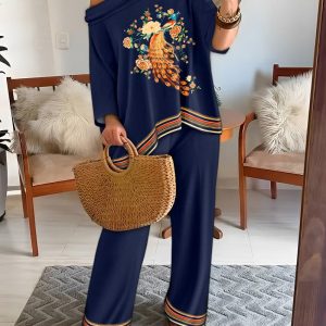 2 Pieces Outfit Animal Print Cold Shoulder Batwing Sleeve Top and Casual Wide Leg Pants Set, women Two-piece Sets, ChicMe catalog