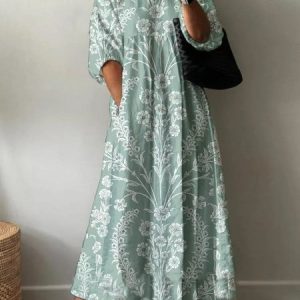 Women Floral Half Sleeve Summer Printing Dress V Neck Daily Casual Maxi A-Line Dress, JustFashionNow Casual Dresses, color:Green|size:5XL,