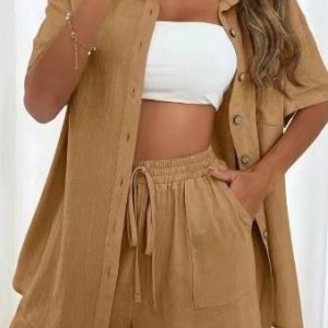 Women Plain Split Joint Two-Piece Set Daily Short Sleeve Casual Summer Top With Pants Matching Set, JustFashionNow Suit Set, color:Light Brown|size:3XL,
