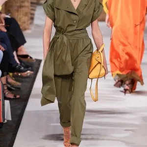 Casual Buttoned Plain Shawl Collar Jumpsuit, Jumpsuits, color:Green|size:XXL, Stylewe