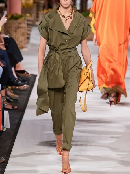 Casual Buttoned Plain Shawl Collar Jumpsuit, Jumpsuits, color:Green|size:XXL, Stylewe