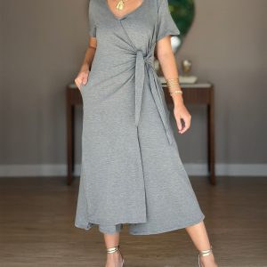 V-Neck Short Sleeve Tied Detail Wide Leg Jumpsuit, women Jumpsuits, ChicMe catalog