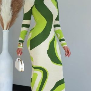 Elegant Colorblock Tight Crew Neck Maxi Sweater Dress, Maxi Dresses, color:Green|size:XXL, Stylewe