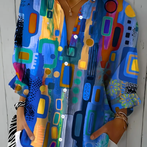 Shirt Collar Long Sleeve Abstract Buckle Regular Loose Button Up Shirt Shirt For Women, Shirts, color:Blue|size:XXL, catalog Noracora shop