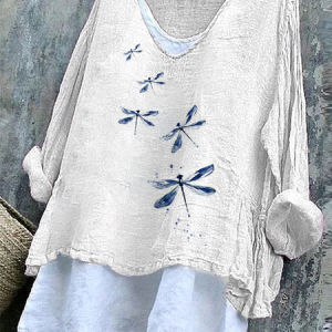 Women Dragonfly Long Sleeve Blouse Spring/Fall Printing V Neck Daily Casual Top, JustFashionNow Blouses, color:White|size:4XL,