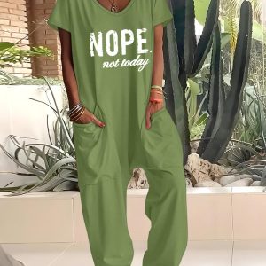 Letter Print V-Neck Short Sleeve Overalls Casual Tapered Drop-Crotch Jumpsuit With Pockets, women Two-piece Sets, ChicMe catalog