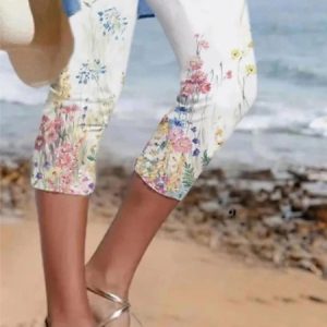 Women Floral Capris Pants Casual Summer Trousers, JustFashionNow Pants, color:White|size:4XL,