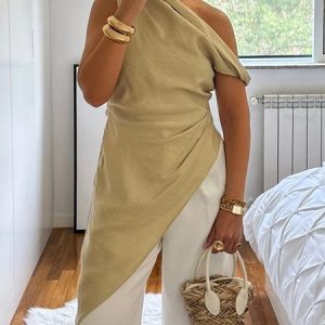 Linen Blend Casual Plain Asymmetrical Blouse, Blouses and Shirts, color:Khaki|size:XXL, Stylewe