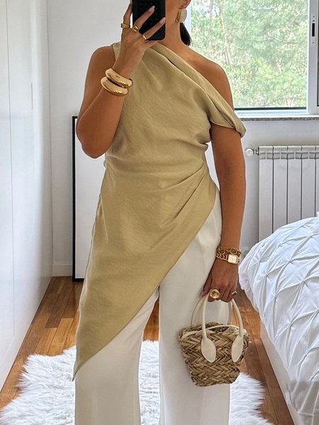 Linen Blend Casual Plain Asymmetrical Blouse, Blouses and Shirts, color:Khaki|size:XXL, Stylewe