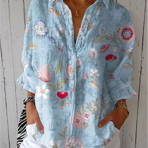 Shirt Collar Three Quarter Sleeve Floral Regular Loose Shirt For Women, Shirts, color:Light Blue|size:5XL, catalog Noracora shop