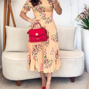 Floral Print Square Neck Waist Shirred Mid-Calf Dress Casual Puff Sleeve A Line Pleated Dress, women Print Dresses, ChicMe catalog