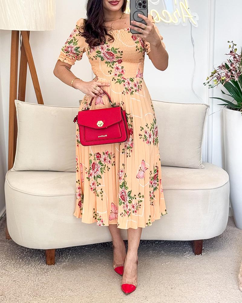 Floral Print Square Neck Waist Shirred Mid-Calf Dress Casual Puff Sleeve A Line Pleated Dress, women Print Dresses, ChicMe catalog