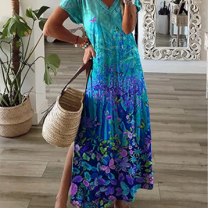 Women Floral Short Sleeve Summer Printing Dress V Neck Daily Casual Maxi X-Line Dress, JustFashionNow Casual Dresses, color:As Picture|size:3XL,