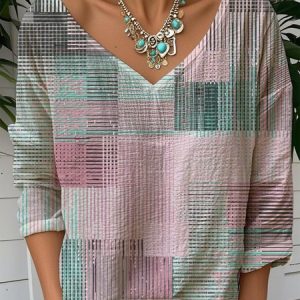 Women Multicolor Block Long Sleeve Tee T-shirt V Neck Casual Spring/Fall Top, JustFashionNow T-Shirts, color:Pink|size:XXL,