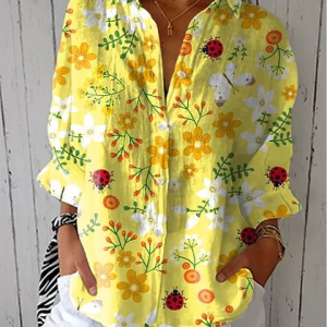 Shirt Collar Three Quarter Sleeve Floral Printing Regular Loose Button Up Shirt Shirt For Women, Shirts, color:Yellow|size:5XL, catalog Noracora shop