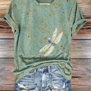 Casual Vintage Dragonfly Print Crew Neck Short Sleeve T-shirt, T-shirts, color:Green|size:4XL, catalog Noracora shop