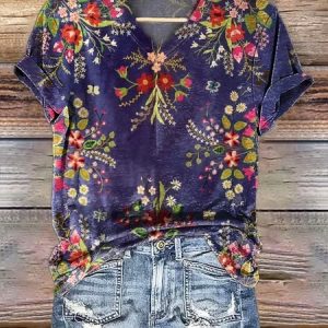 Casual Floral V Neck Short Sleeve T-shirt, T-shirts, color:Deep Blue|size:4XL, catalog Noracora shop