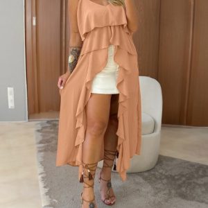 Asymmetrical Ruffles Hem Spaghetti Strap Tank Casual Slit Vacation Top, women Tanks & Crop Tops, ChicMe catalog