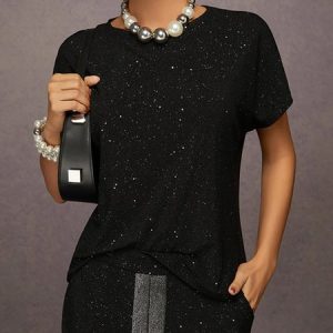 Elegant Silver-Stamped Raglan Sleeve Blouse, Blouses and Shirts, color:Black|size:XXL, Stylewe