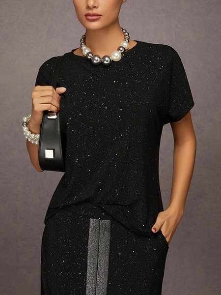 Elegant Silver-Stamped Raglan Sleeve Blouse, Blouses and Shirts, color:Black|size:XXL, Stylewe