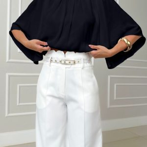 High Neck Batwing Sleeve Ruched Hollow-out Back Casual Chiffon Blouse, women Blouses & Shirts, ChicMe catalog