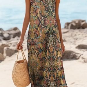 Women Floral Sleeveless Summer Dress Crew Neck Daily Casual Maxi A-Line Dress, JustFashionNow Dresses, color:Brown|size:4XL,