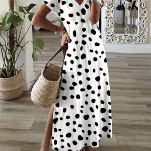 Women Polka Dots Short Sleeve Summer Printing Dress V Neck Daily Casual Maxi T-Shirt Dress X-Line Dress, JustFashionNow Casual Dresses, color:White|size:3XL,