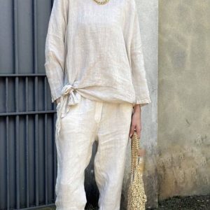 Women Plain Crew Neck Long Sleeve Comfy Casual Top With Pants Two-Piece Set, Jumpsuits&Rompers, color:Off White|size:4XL, catalog Noracora shop
