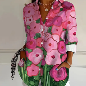 Women Floral Long Sleeve Shirt Spring/Fall Buckle Shirt Collar Daily Casual Top, JustFashionNow Shirts, color:Pink|size:XXL,