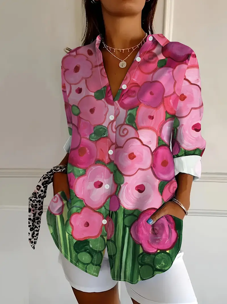 Women Floral Long Sleeve Shirt Spring/Fall Buckle Shirt Collar Daily Casual Top, JustFashionNow Shirts, color:Pink|size:XXL,