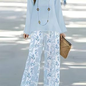 Women's Floral Printing Two-Piece Set Daily Long Sleeve Casual Spring/Fall Top With Pants Matching Set, JustFashionNow Suit Set, color:Blue|size:XXL,