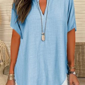 Shawl Collar Half Sleeve Plain Regular Loose Blouse For Women, Blouses, color:Light Blue|size:4XL, catalog Noracora shop
