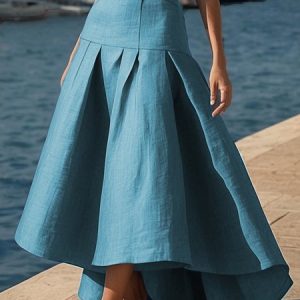 Casual Gathered Cotton And Linen Plain Maxi Skirt, Skirts, color:Blue|size:XXL, Stylewe