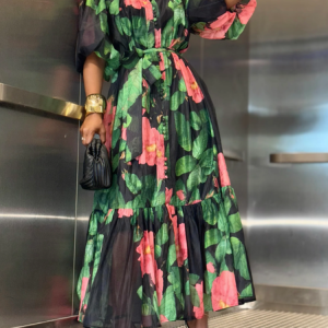 Vacation Floral Puff Sleeve Printing Maxi Dress With Belt, Maxi Dresses, color:As Picture|size:XXL, Stylewe