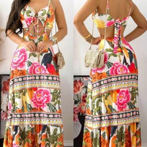 Floral Animal Tropical Print Tied Detail Maxi Dress, women Maxi Dresses, ChicMe catalog