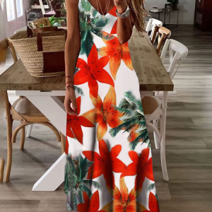 Women Floral Sleeveless Summer Printing Dress V Neck Daily Casual Maxi Slip Dress X-Line Dress, JustFashionNow Casual Dresses, color:As Picture|size:5XL,