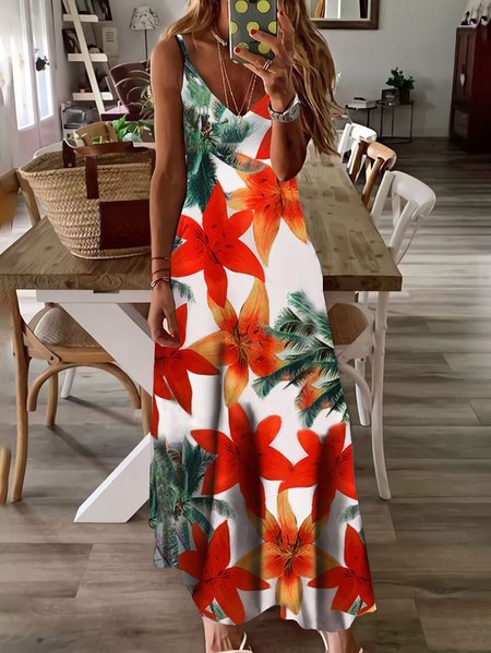Women Floral Sleeveless Summer Printing Dress V Neck Daily Casual Maxi Slip Dress X-Line Dress, JustFashionNow Casual Dresses, color:As Picture|size:5XL,