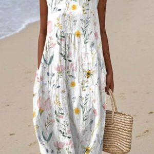 Women Floral Summer Dress Crew Neck Sleeveless A-Line Dress, Dresses, color:White|size:4XL, catalog Noracora shop