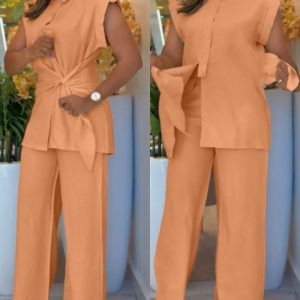 2 Pieces Sleeveless Knotted Button Polo Shirt with Casual Wide-Leg Pants Set, women Two-piece Sets, ChicMe catalog