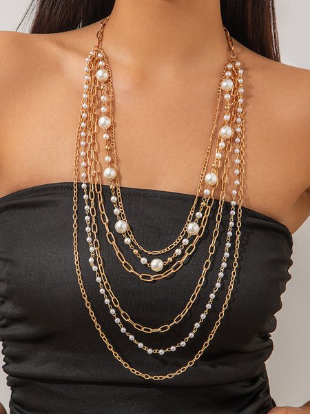 Pearl Beaded Long Necklace Set, Necklaces, color:Golden|size:One-size, Stylewe
