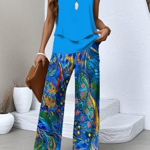 Women Psychedelic Art Two-Piece Set Daily Sleeveless Casual Summer Top With Pants Matching Set, JustFashionNow Suit Set, color:Royal Blue|size:XXL,