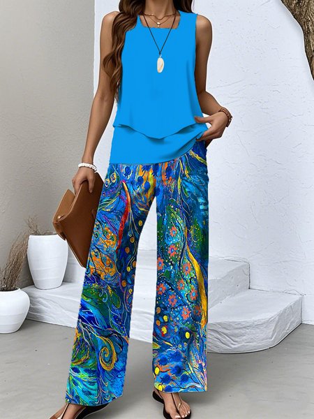 Women Psychedelic Art Two-Piece Set Daily Sleeveless Casual Summer Top With Pants Matching Set, JustFashionNow Suit Set, color:Royal Blue|size:XXL,
